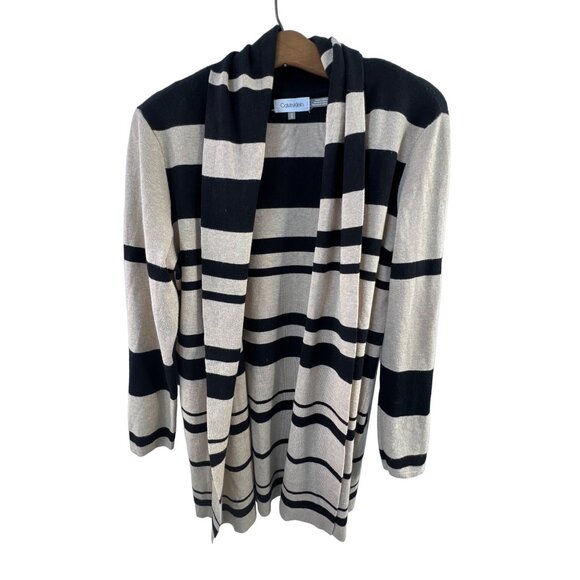 Calvin Klein Open Front Cardigan Size Medium Black Cream Striped Long Sleeve - Picture 1 of 6